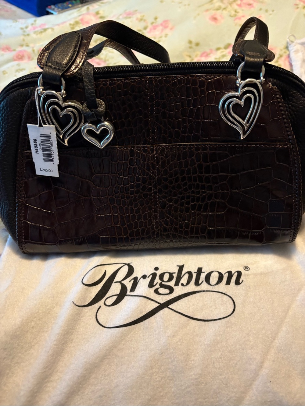 Brighton Dark Brown Croc-Embossed Satchel with Silver Heart Charms